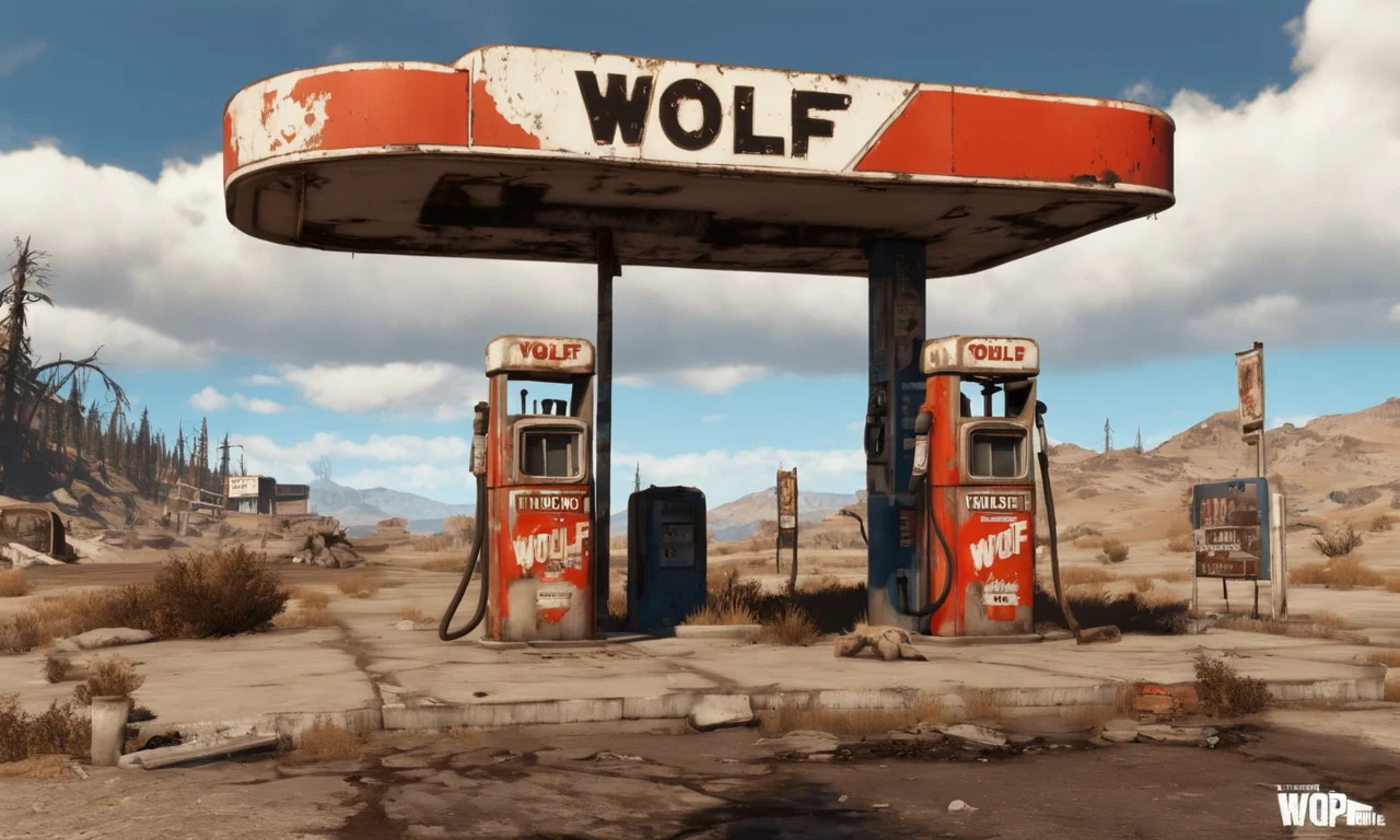 a photo of an abandoned gas station, sign, text "Wolf-Systems", <lora:falloutlandsdxl:0.7>, falloutlandsdxl, epic landscape, best quality, masterpiece, award-winning, trending on artstation