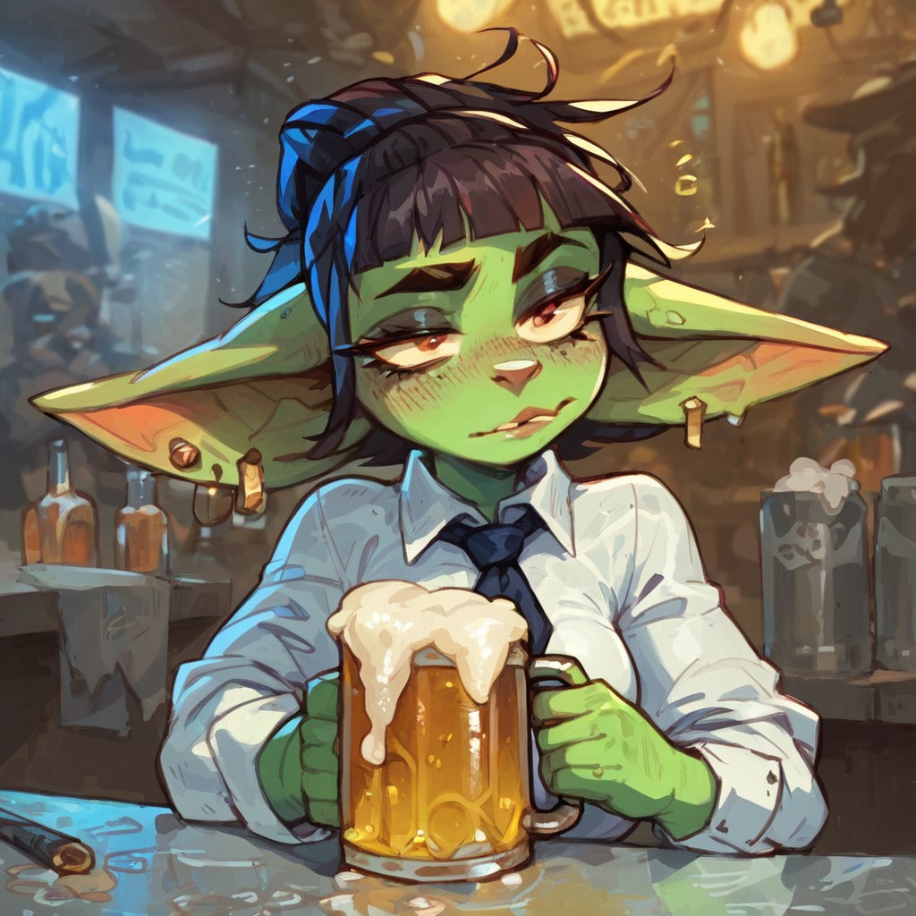 score_9, score_8_up, score_7_up, high quality, 1girl, solo, Goblin, green skin, colored skin, shortstack, dark hair, business outfit, beer, at bar, depressed expression, blurred background,