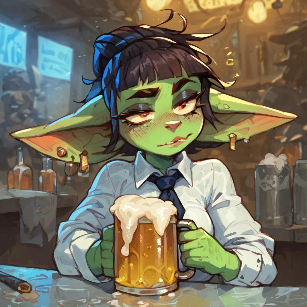 score_9, score_8_up, score_7_up, high quality, 1girl, solo, Goblin, green skin, colored skin, shortstack, dark hair, business outfit, beer, at bar, depressed expression, blurred background,