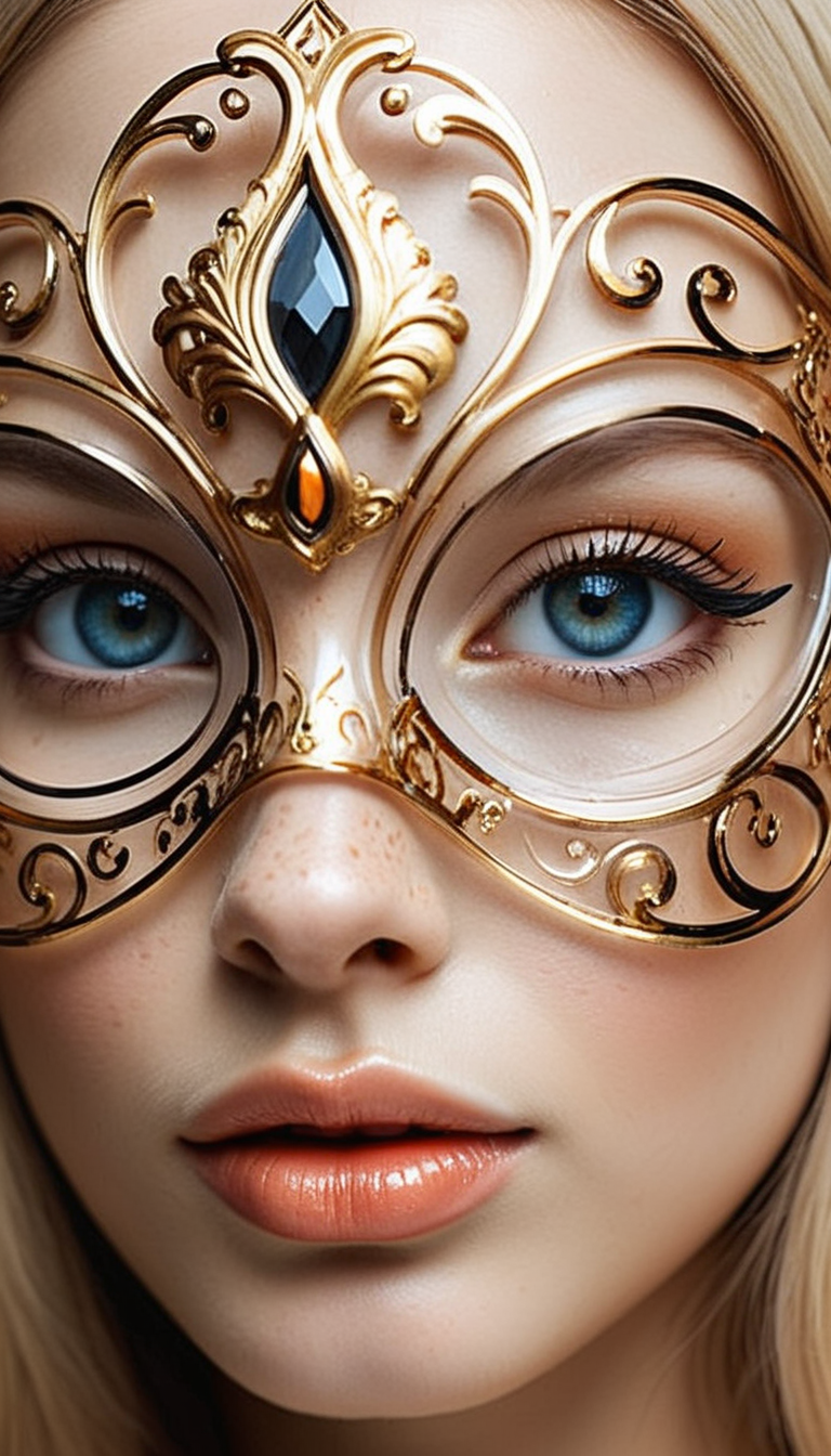 Close-up gorgeous girl face , cute, blonde, bang, freckles, striking siamese large eyes, aligned eyes, mirror eyes,
BREAK,
(wearing transparent Venetian Mask with intricate detailed golden filigree),
long lashes, trendy portrait,
tender Aesthetic nose, Aesthetic chin, ears, puffy lips, sensual lips, detailed texture, detailed eyes, detailed skin, clean skin,
<lora:Someplastic:1>, (ultra sharp focus:1.8), (detailed skin:1.8), (thin lines:1.8), (best quality:1.8),
<lora:Apparatus_-_Traction_City_Walkers_Vehicles:0.7>,