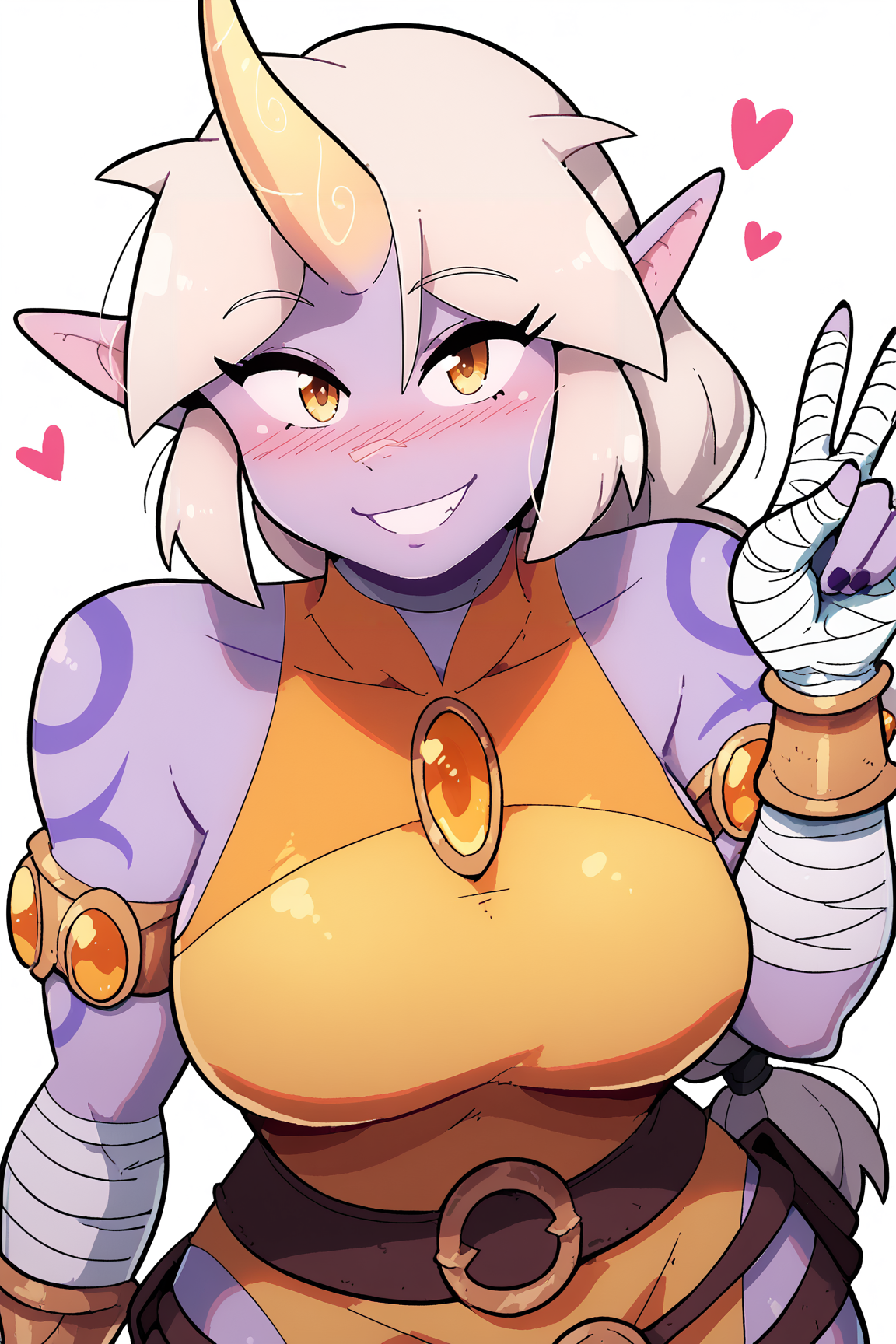 score_9, score_8_up, score_7_up, score_6_up, BREAK, SorakaLoLXLv2, purple skin, colored skin, white hair, long hair, low-tied long hair, sidelocks, yellow eyes, pointy ears, single horn, tattoo, large breasts, bare shoulder, yellow jewel, red cropped torso, yellow dress, armlet, bandaged arms, belt, bandaged legs, solo, standing, above view, peace sign, floating hearts, looking at viewer, seductive smile, naughty face, nose blush, white background, simple background <lora:SorakaLoLXLv2:0.9>, ScottMalinStylePXL <lora:ScottMalinStylePXL:1>