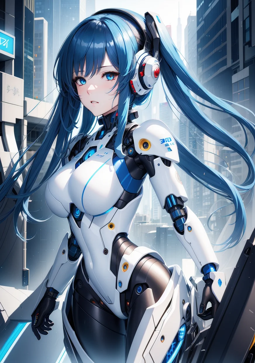 ((master piece)),best quality, (8k, best quality, masterpiece:1.2), ultra-detailed, illustration, beautiful detailed eyes, beautiful detailed hair, 1girl, solo, mecha, mecha_musume, cyborg, cool_movement, blue hair, city, cyberpunk,  <lora:mecha_2_V2:0.4>
