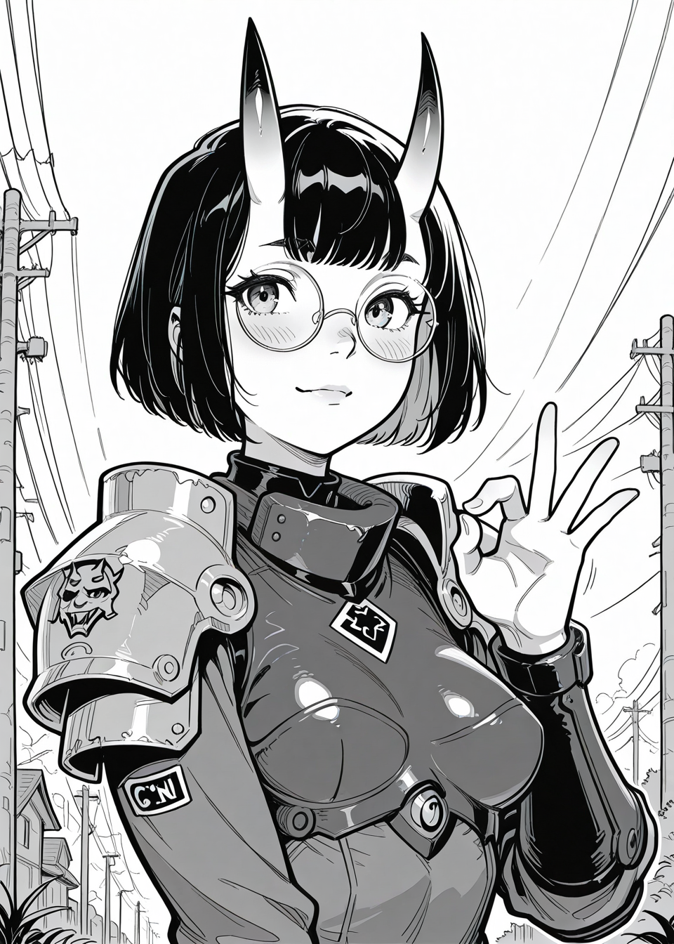 power lines, pauldrons, oni girls, oni horns, round glasses, bust up, ok gesture,