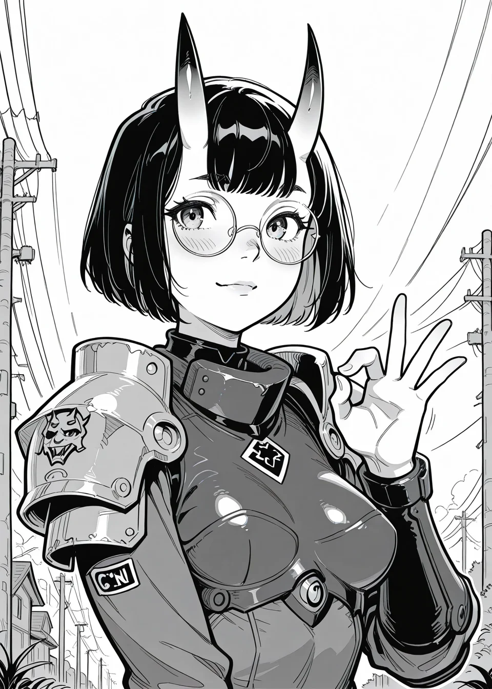 power lines, pauldrons, oni girls, oni horns, round glasses, bust up, ok gesture,
