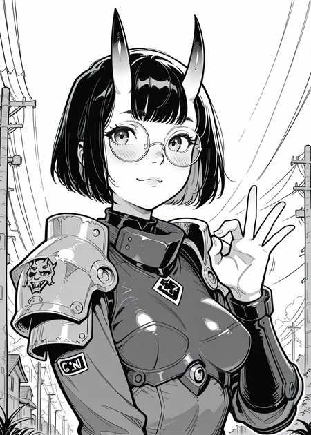 power lines, pauldrons, oni girls, oni horns, round glasses, bust up, ok gesture,