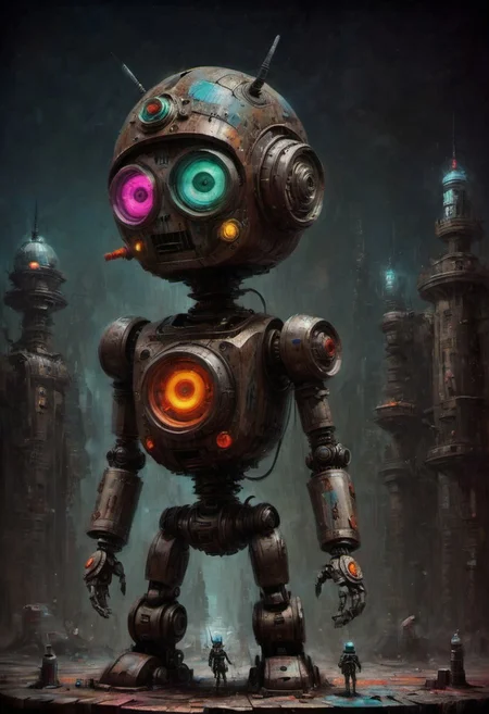 drkkaw, award winning painting of a futuristic robot, dystopian cyberpunk city, high quality macro photo, 10k high resolution, vibrant colors, 4k high resolution, high quality macro photo