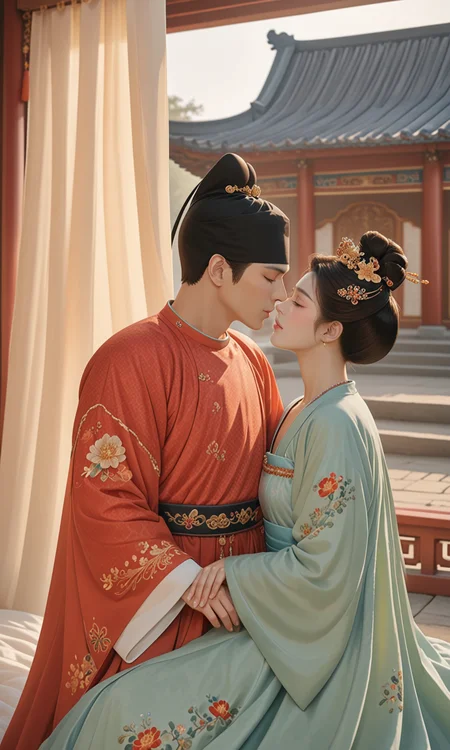 Top photography works, masterpiece, best quality, newest, absurdres, highres,
(1boy/gsfh, kiss, chinese clothes, black hair, hair bun, flower, hair ornament, jewelry, closed eyes, long sleeves, single hair bun, earrings, 1girl, hanfu, bracelet, 1boy, hetero, architecture, couple, hanfu, lyz and lc, lyz, lc, princess, Round-collar robe, bed, curtain, lyz at left, lc at right), close-up,
masterpiece, best quality, amazing quality, very aesthetic, absurdres, newest, haute couture,
light from one side, dark shadow,