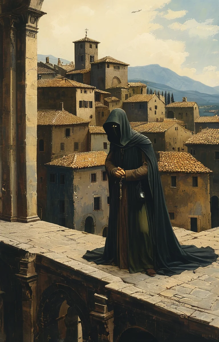 masterpiece,best quality,<lora:tbh184-sdxl:0.8>,illustration,style of Antonello da Messina, Nazgul over sleeping town