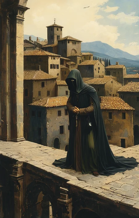 masterpiece,best quality,<lora:tbh184-sdxl:0.8>,illustration,style of Antonello da Messina, Nazgul over sleeping town