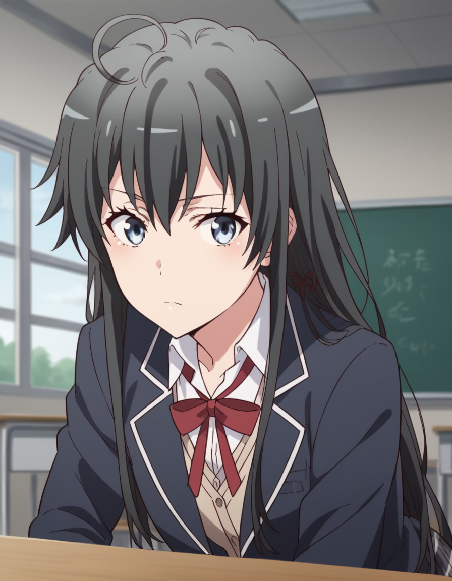 score_9, score_8_up, score_7_up, source_anime,
yukinoyukinoshita, <lora:yukino-yukinoshita-s2s3-ponyxl-lora-nochekaiser:1>,
yukino yukinoshita, black hair, blue eyes, long hair, ahoge,
blazer, cardigan, jacket, plaid, plaid skirt, school uniform, skirt, sobu high school uniform,
indoors, classroom, bent over,
looking at viewer, cowboy shot, dutch angle, solo,