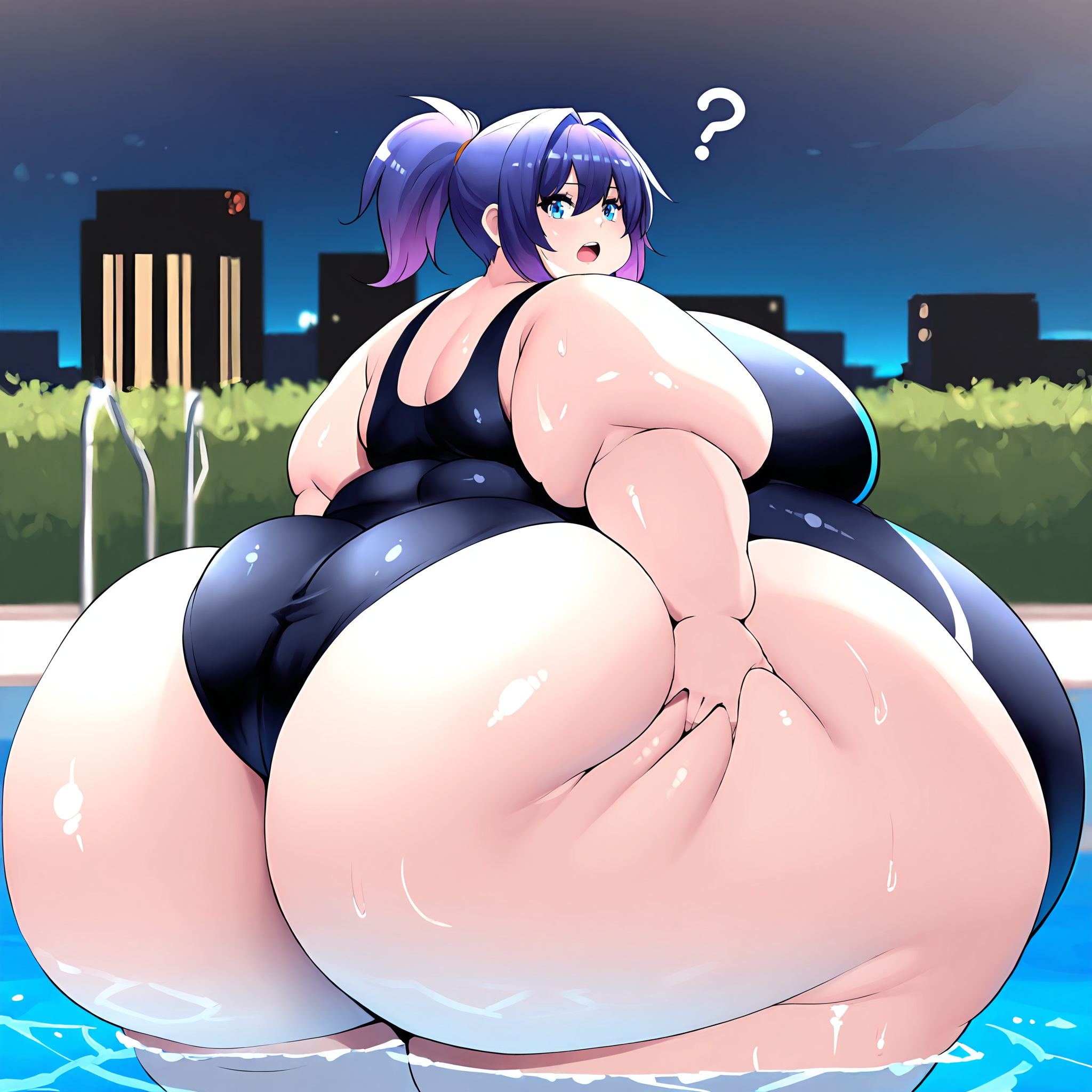 (masterpiece), best quality, (highly detailed), 1female, solo,  <lora:AshenWolf55_style_Illustrious:0.8>, from behind, gigantic ass, fat, obese, single piece swimsuit, black swimsuit, public pool, outdoor, partially submerged, looking back, ?, ponytail, purple hair, blue hair tip, blue eyes, grabbing own ass, open mouth, deep skin, city background,