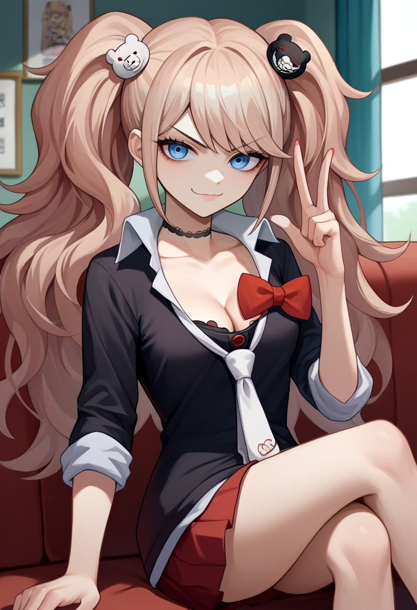 score_9, score_8_up, score_7_up, source_anime, solo, 1girl, enoshima junko, smug, looking at viewer, sitting, crossed legs, couch, twintails, bear hair ornament, v-shaped eyebrows, school uniform, black shirt, white necktie, red bow, sleeves rolled up, red skirt, choker, collarbone, cleavage, indoors <lora:danganronpathh_enoshima_ponyXL:1>