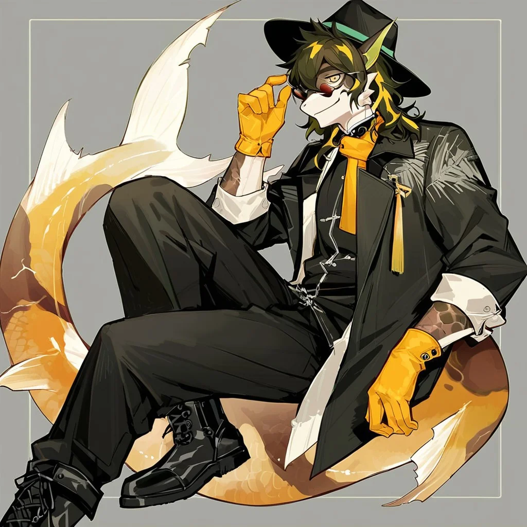score_9, score_8_up, score_7_up, score_6_up, score_5_up, score_4_up, lee (arknights), leearknights, two-toned hair, black and yellow hair, bedroom eyes, fish man, fedora, black coat, yellow scarf, yellow eyes, black coat, yellow gloves, black boots, two-toned hair, black and yellow hair, glasses, yellow eyes, fish man, furry male, furry, solo, 1boy, male focus, fish tail, big tail, multicolored tail, fedora,