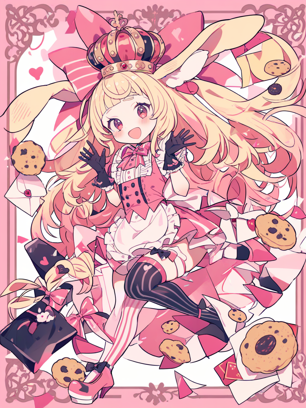 1girl, blonde hair, long hair, dress, solo, bow, open mouth, animal ears, heart, pink theme, apron, smile, food, rabbit, rabbit ears, frills, full body, envelope, looking at viewer, pink dress, pink footwear, holding, bag, asymmetrical legwear, waist apron, very long hair, gloves, pink border, letter, hair bow, pink bow, high heels, crown, white apron, :d, ribbon, black gloves, thighhighs, striped clothes, blush, cookie
<lora:yume335_1-000038:1>,