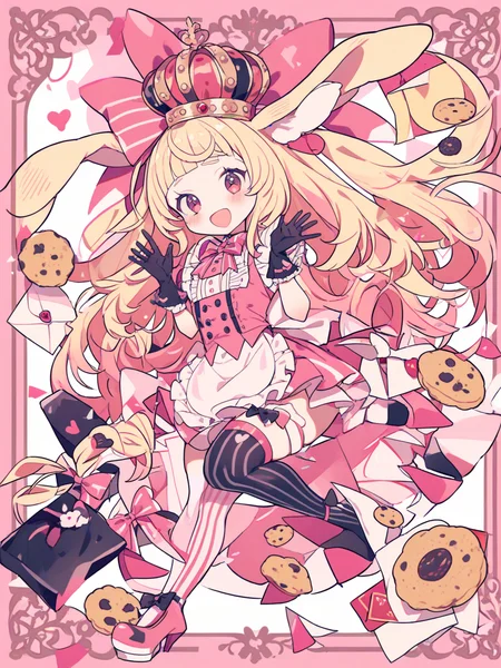 1girl, blonde hair, long hair, dress, solo, bow, open mouth, animal ears, heart, pink theme, apron, smile, food, rabbit, rabbit ears, frills, full body, envelope, looking at viewer, pink dress, pink footwear, holding, bag, asymmetrical legwear, waist apron, very long hair, gloves, pink border, letter, hair bow, pink bow, high heels, crown, white apron, :d, ribbon, black gloves, thighhighs, striped clothes, blush, cookie
<lora:yume335_1-000038:1>,