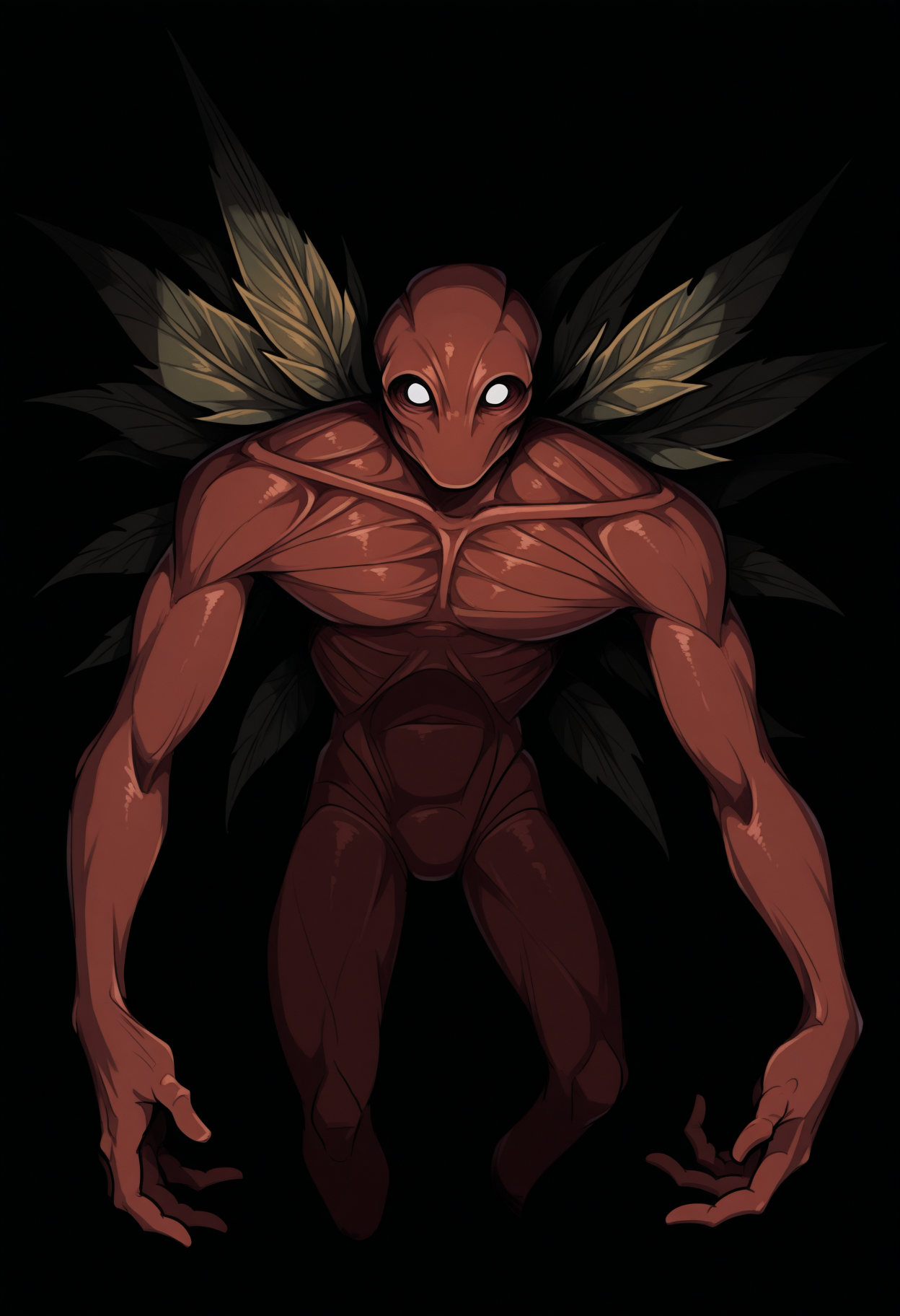 masterpiece, best quality, 1boy, solo, BrackenLethalCompany, white eyes, monster, wings, leaf, darkness, dark, dark theme, horror \(theme\), black background, reaching towards viewer, <lora:ChamBrackenIllustriousXL:1>