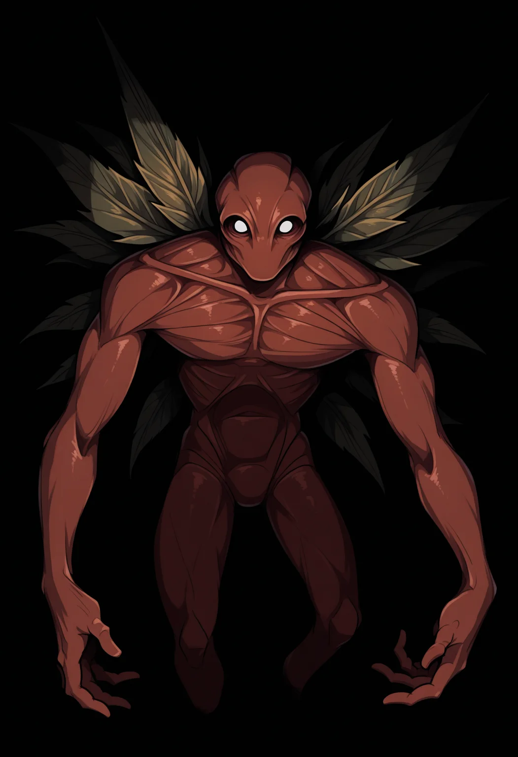 masterpiece, best quality, 1boy, solo, BrackenLethalCompany, white eyes, monster, wings, leaf, darkness, dark, dark theme, horror \(theme\), black background, reaching towards viewer, <lora:ChamBrackenIllustriousXL:1>