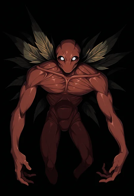 masterpiece, best quality, 1boy, solo, BrackenLethalCompany, white eyes, monster, wings, leaf, darkness, dark, dark theme, horror \(theme\), black background, reaching towards viewer, <lora:ChamBrackenIllustriousXL:1>