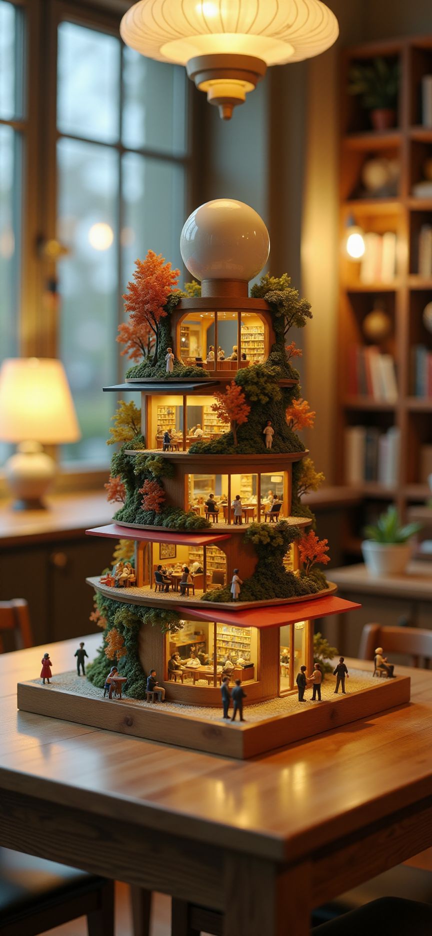 (indoors,indoor,isometric view,side view,tilt-shift lens:2), (fna_style,miniature,miniature,diorama,miniature,diorama,PVC,plastic:2),sunset,autumn giant (multi layers of museum with cafe sphere vertical:2.5) is located center, people, (in wooden square plate:3) (on table at study:3) <lora:Fantasy_Novel_Art_Style:1> <lora:Rostpunk:0.3>