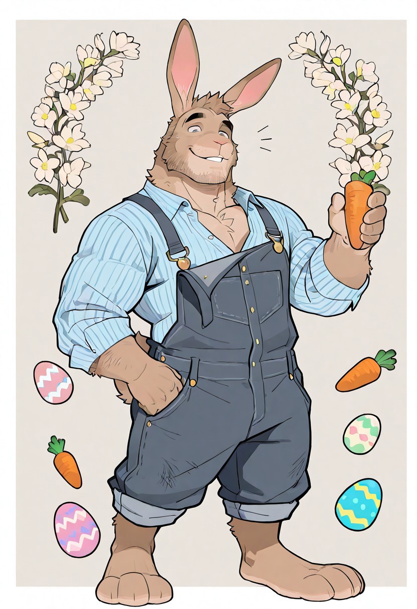 very awa, masterpiece, best quality, absurdres, newest, perfect quality, intricate details, male focus, m/m, male, human face, anthro rabbit, rabbit ears. b4cc4r4t, rabbit boy.
Teal rabbit, bunny ears, rabbit legs, lucky rabbit feet, facial hair, furry legs, light brown skin, human face, masculine. age 25, body hair, stubble, beard, half buttoned jean overalls
Large Easter eggs, carrots, spring flowers.