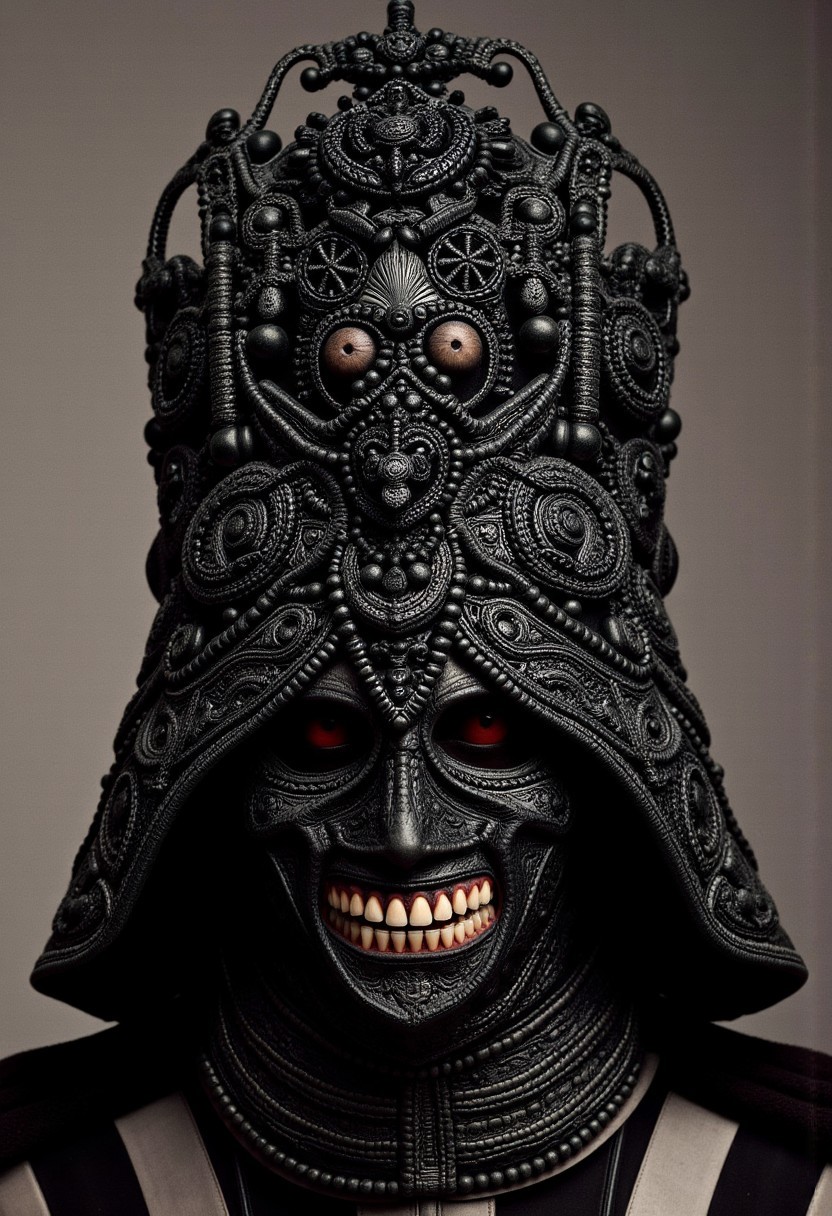 w1z-h34d., Darth Vader with human teeth and black gums wearing an african ceremonial headdress, elaborate, ornate, intricate, filigree, avant-garde, adorned, vinok flower crown, balinese gelungan, fenguang phoenix coronet, mongolian bogtag gugu, kokoshnik
