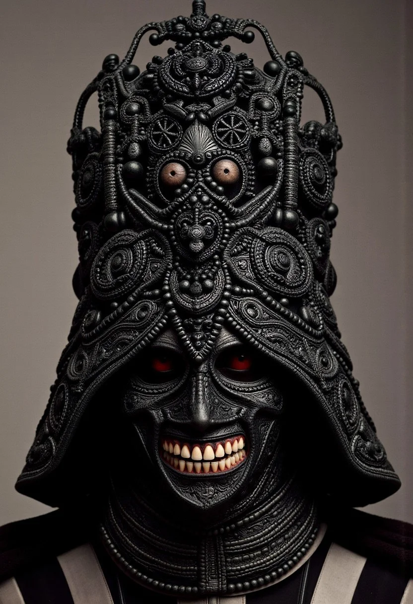 w1z-h34d., Darth Vader with human teeth and black gums wearing an african ceremonial headdress, elaborate, ornate, intricate, filigree, avant-garde, adorned, vinok flower crown, balinese gelungan, fenguang phoenix coronet, mongolian bogtag gugu, kokoshnik
