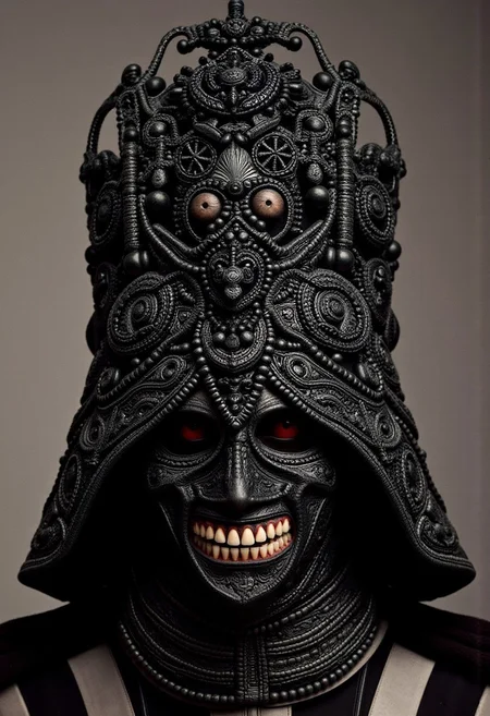 w1z-h34d., Darth Vader with human teeth and black gums wearing an african ceremonial headdress, elaborate, ornate, intricate, filigree, avant-garde, adorned, vinok flower crown, balinese gelungan, fenguang phoenix coronet, mongolian bogtag gugu, kokoshnik