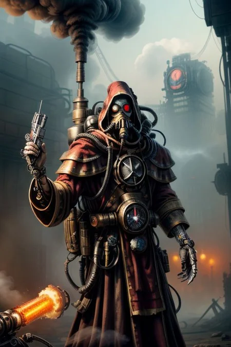 ((masterpiece,best quality)), absurdres, BREAK
mechanical arms, robes, hood, BREAK
((techpriest)), cyborg, mechanical face, mechanical limbs, gas mask, mechanical tentacles, (mechanical backpack), BREAK
1other, solo, holding pistol, firearm, handgun, pistol, gun, BREAK
factory background, smoggy sky, air pollution, smokestacks, BREAK