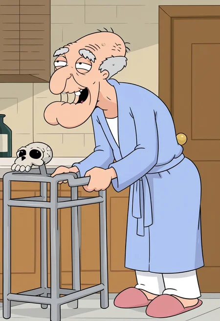 source_cartoon, 2d, hd. thin, blue dressing gown, slippers, few teeth, elderly, white pants, John Herbert, Family Guy Style, large chin with a dimple, long skull, gray-haired, hooked nose, man, old man