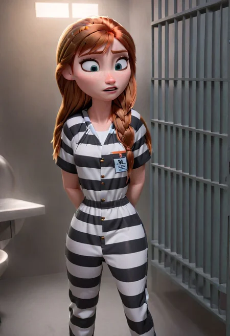 modisn disney, Pixar, mid shot, Anna in a prison cell, cell_interior perspective, long straight hair, Anna in a Black_White_Striped_Jumpsuit, Anna, frowning, sad, wearing a ((Black_White_Striped_Jumpsuit, short sleeved top)), prison_cell_bunk_bed, steel_toilet