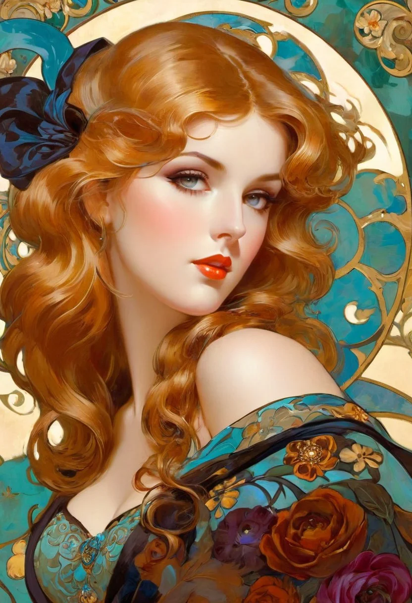 Glamour pinup art in the style of Bill Medcalf, Alphonse Mucha, Gustav Klimt.
beautiful sexy Gorgeous, Large round breasts, perfect beautiful face, 
beautypinupart, glamour photography style