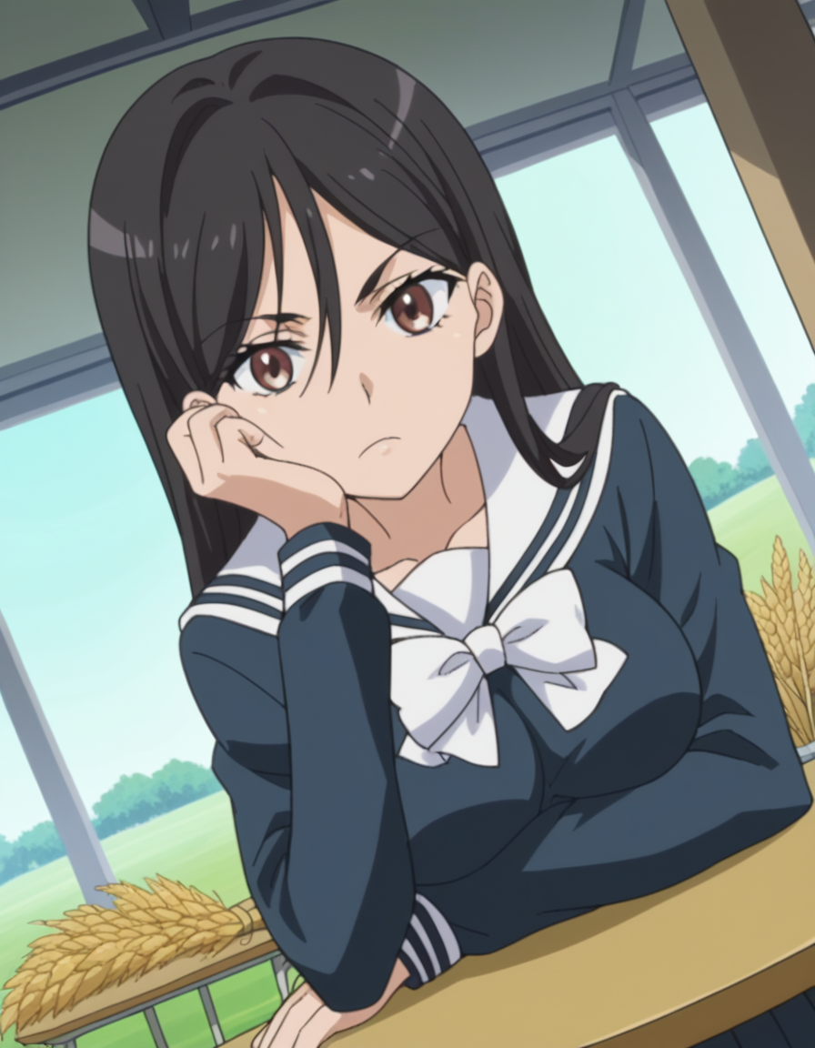 score_9, score_8_up, score_7_up, source_anime, <lora:seiri-fukiyose-indexs2-ponyxl-lora-nochekaiser:1>, seiri fukiyose, long hair, black hair, brown eyes, hair between eyes, anime screencap,, large breasts, skirt, school uniform, serafuku, black shirt, black skirt, long sleeves, white bowtie, white sailor collar, a certain high school uniform, wheat field, golden, harvest, farming, open, , sitting, elbow rest, table,, looking at viewer, solo,, dutch angle, cowboy shot
