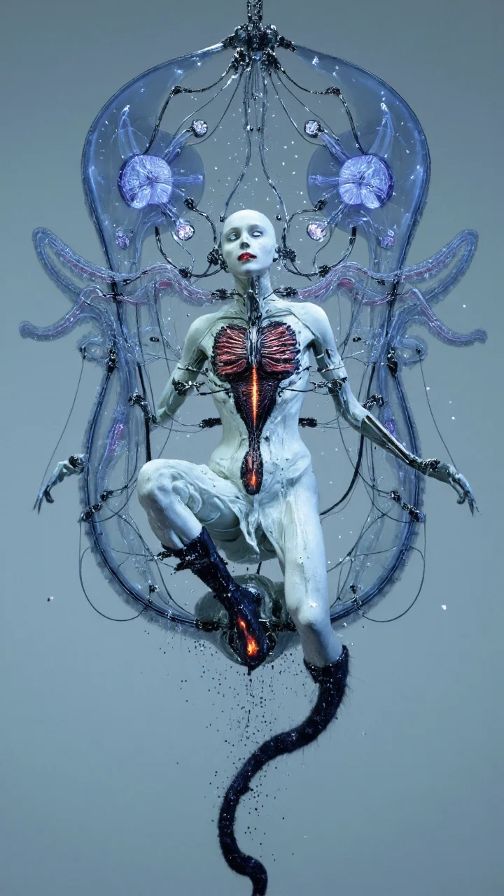 4byss,   a humanoid android in a reclined position, its synthetic body seamlessly merging organic jellyfish elements with mechanical components. The figure's porcelain-white synthetic skin is partially deconstructed, revealing an intricate internal structure where mechanical vertebrae and neural cables interweave with translucent, bioluminescent tentacles that pulse with deep blues and vibrant crimsons.
The being's face tilts upward in an expression of either ecstasy or agony, its smooth synthetic features catching the ethereal blue light from above. Where traditional cybernetic ports would be, there are instead organic-looking segments that resemble jellyfish bells, their translucent tissue housing pulsing fiber optic cables. The neck extends into a complex array of both mechanical vertebrae and undulating tentacles, each segment marked with bioluminescent nodes that follow a rhythmic pattern like digital signals through organic matter.
The chest cavity opens to reveal not traditional robotics, but a hybrid system where rigid mechanical ribs transition into flowing, tentacular appendages marked with regular, comb-like structures that glow with an internal light. These tentacles curve and wrap around the mechanical components like living cables, their tips equipped with both electronic interfaces and organic sensory organs.
The entire scene is bathed in a cold, deep-sea blue lighting, with accents of bioluminescent reds and purples emanating from the creature's core. The background suggests a mechanical chamber slowly being overtaken by organic growth, with cables and tubes mimicking the flowing movement of deep-sea creatures. Small particles float through the scene, catching the light like marine snow, creating an atmosphere that exists somewhere between a high-tech laboratory and the abyssal depths.
The overall aesthetic creates a striking fusion of mechanical precision and organic fluidity, suggesting a future where the line between synthetic and natural life becomes meaningfully blurred, all rendered in a style that combines technical detail with the ethereal beauty of deep-sea bioluminescence