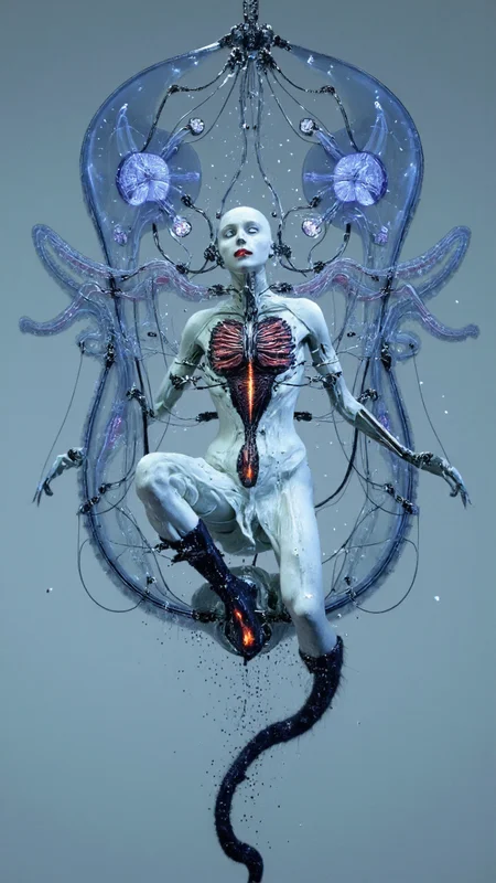 4byss, a humanoid android in a reclined position, its synthetic body seamlessly merging organic jellyfish elements with mechanical components. The figure's porcelain-white synthetic skin is partially deconstructed, revealing an intricate internal structure where mechanical vertebrae and neural cables interweave with translucent, bioluminescent tentacles that pulse with deep blues and vibrant crimsons.
The being's face tilts upward in an expression of either ecstasy or agony, its smooth synthetic features catching the ethereal blue light from above. Where traditional cybernetic ports would be, there are instead organic-looking segments that resemble jellyfish bells, their translucent tissue housing pulsing fiber optic cables. The neck extends into a complex array of both mechanical vertebrae and undulating tentacles, each segment marked with bioluminescent nodes that follow a rhythmic pattern like digital signals through organic matter.
The chest cavity opens to reveal not traditional robotics, but a hybrid system where rigid mechanical ribs transition into flowing, tentacular appendages marked with regular, comb-like structures that glow with an internal light. These tentacles curve and wrap around the mechanical components like living cables, their tips equipped with both electronic interfaces and organic sensory organs.
The entire scene is bathed in a cold, deep-sea blue lighting, with accents of bioluminescent reds and purples emanating from the creature's core. The background suggests a mechanical chamber slowly being overtaken by organic growth, with cables and tubes mimicking the flowing movement of deep-sea creatures. Small particles float through the scene, catching the light like marine snow, creating an atmosphere that exists somewhere between a high-tech laboratory and the abyssal depths.
The overall aesthetic creates a striking fusion of mechanical precision and organic fluidity, suggesting a future where the line between synthetic and natural life becomes meaningfully blurred, all rendered in a style that combines technical detail with the ethereal beauty of deep-sea bioluminescence