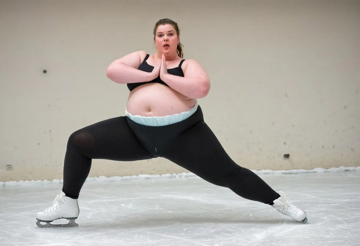 Iphone 16 portrait mode, 8k uhd, soft lighting, huge obese girl, heavily pregnant, ice skating, majestatic expression, 18 years old, artistic plus size beauty, dynamic motion, ambitious young woman, wearing a pair of black leggings over a diaper, bulky diaper stretching the fabric of her leggings,kiss