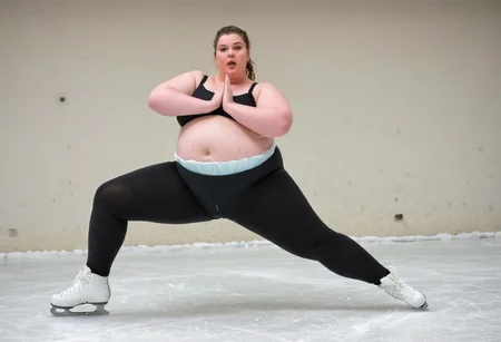 Iphone 16 portrait mode, 8k uhd, soft lighting, huge obese girl, heavily pregnant, ice skating, majestatic expression, 18 years old, artistic plus size beauty, dynamic motion, ambitious young woman, wearing a pair of black leggings over a diaper, bulky diaper stretching the fabric of her leggings,kiss
