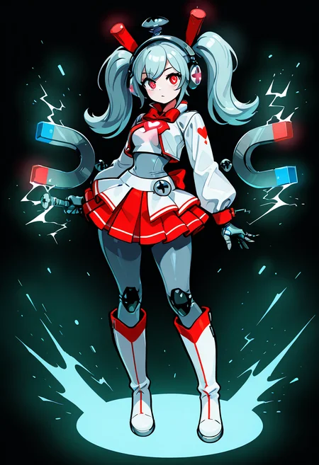 masterpiece, best quality, 1girl, solo, zzmgnmt, ,<lora:MagnemitePokedex_IXL:1.0>, narrow waist, wide hips, 1girl, idol costume, silver crop jacket, pleated mini skirt, red and blue ribbons, mechanical headphones with antennae, knee-high boots, pigtails, holding mic, glowing heart on chest, sci-fi stage, floating particles A playful mecha idol outfit with sleek metallic textures and bold color blocks â red and blue bows reference Magnemiteâs polar ends. Her headphones resemble miniature Magnemites, complete with little screws. She dances on a digital stage, emitting sparks with every spin, a fusion of machine precision and human emotion.