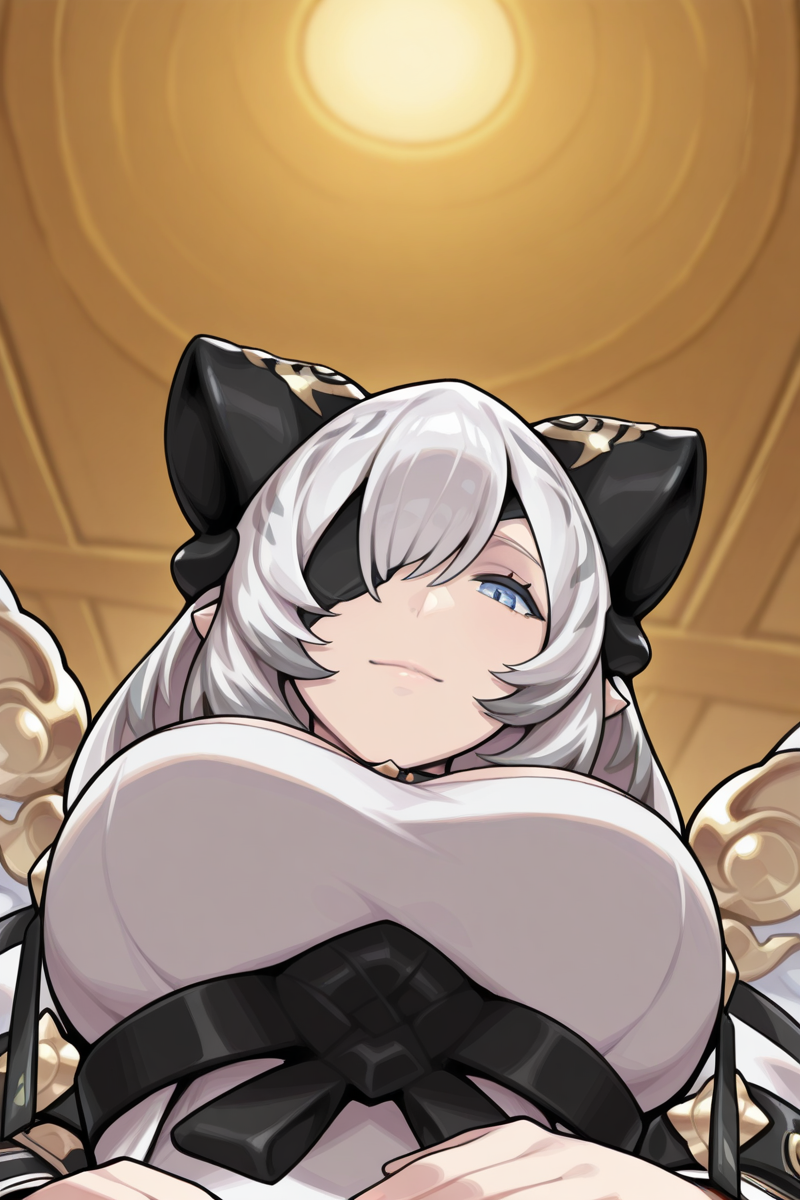 lazypos,anime screencap, dragalia lost, 
1girl, solo,looking at viewer, light smile, 
<lora:lap-pov-illustriousxl-lora-nochekaiser:1>, lap pov, lap pillow, from below, ceiling, looking down, pov,  
Fudo Myo-o (Dragalia), blue eyes, eyepatch, white hair, long hair, choker, wings, 
simple background,