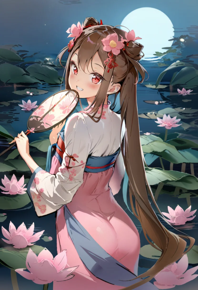 masterpiece, best quality, <lora:anmiXL_ANI31_lokr_V4239:0.95> moon, full moon, 1girl, solo, flower, hair ornament, long hair, red eyes, holding, smile, brown hair, pink flower, looking at viewer, hair bun, hair flower, night, hand fan, double bun, water, blush, holding fan, long sleeves, chinese clothes, grin, very long hair, looking back, night sky, reflection, cone hair bun, upper body, hanfu, from behind, lily pad, sidelocks, lotus