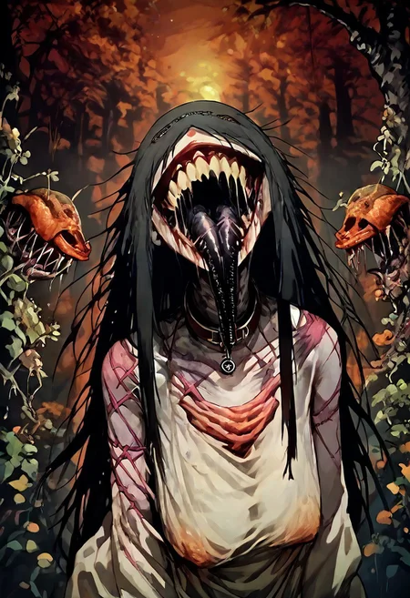score_9, score_up_8, masterpiece, best quality, explicit, 
hasshaku-sama, mature woman, large woman, tall woman, sagging breast, enormous breast, long hair, black hair, horror (theme), collar bone, bony body, skinny, anorexic, fall season, trees, red yellow and orange leaves, falling leaves, night, garden, Expressiveh,  
 teeth, tongue, open mouth, horror, blood, (((stiches, scars))), black tongue, very long tongue, black tears, full body
