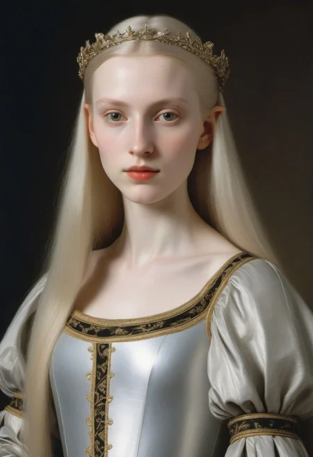 Portrait of an Elf Queen by Caravaggio, very pale skin, very long straight pale hair,
wearing a Renaissance fashion knght's armor,
very long golden hair with silver highlights, kind face, inside a citadel,