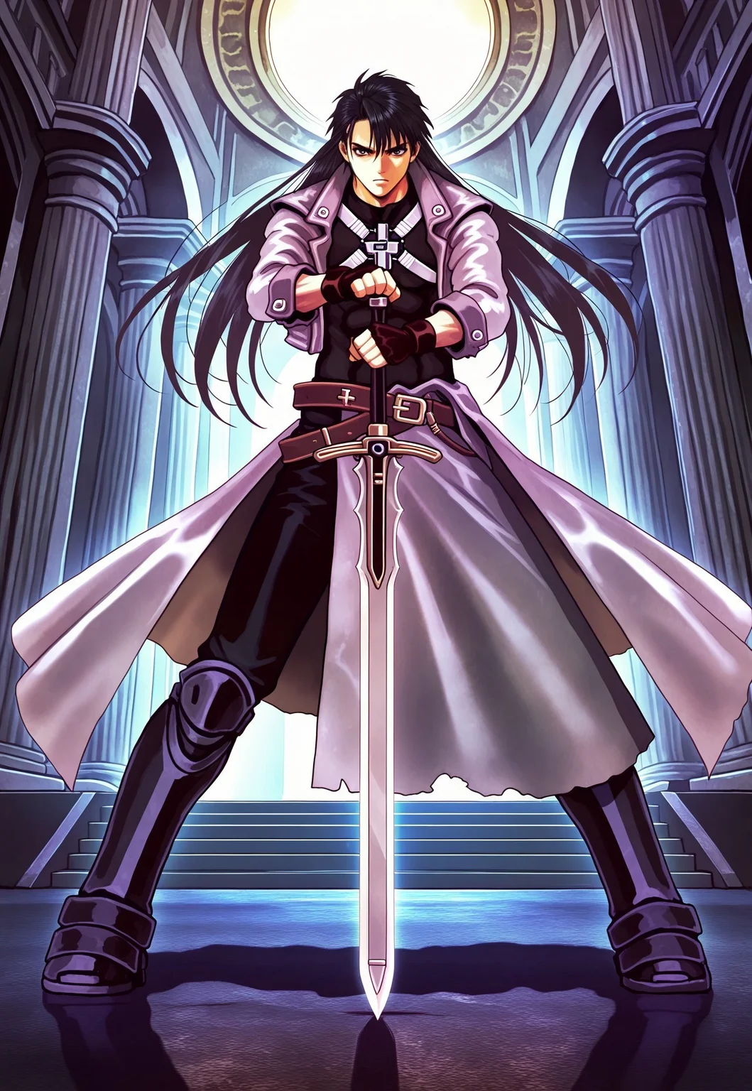 masterpiece, best quality, amazing quality, very aesthetic, absurdres, newest, 1boy, adult, male focus, hugbaldw, cutoff jacket, body harness with holy cross design, (long hair, black hair:1.1), charcoal greaves, long gray skirt, black shirt, black pants, black fingerless gloves, standing, serious expression, holding single sword, dark throne room, close up, action pose, sword, dynamic pose