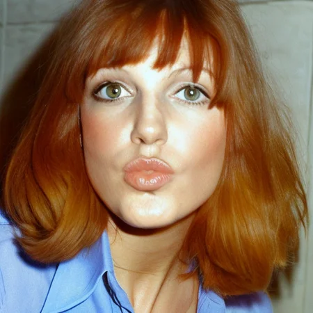 (plain face:1.2), kissing mouth, looking away, closeup portrait, skinny woman, auburn bangs, 1970s