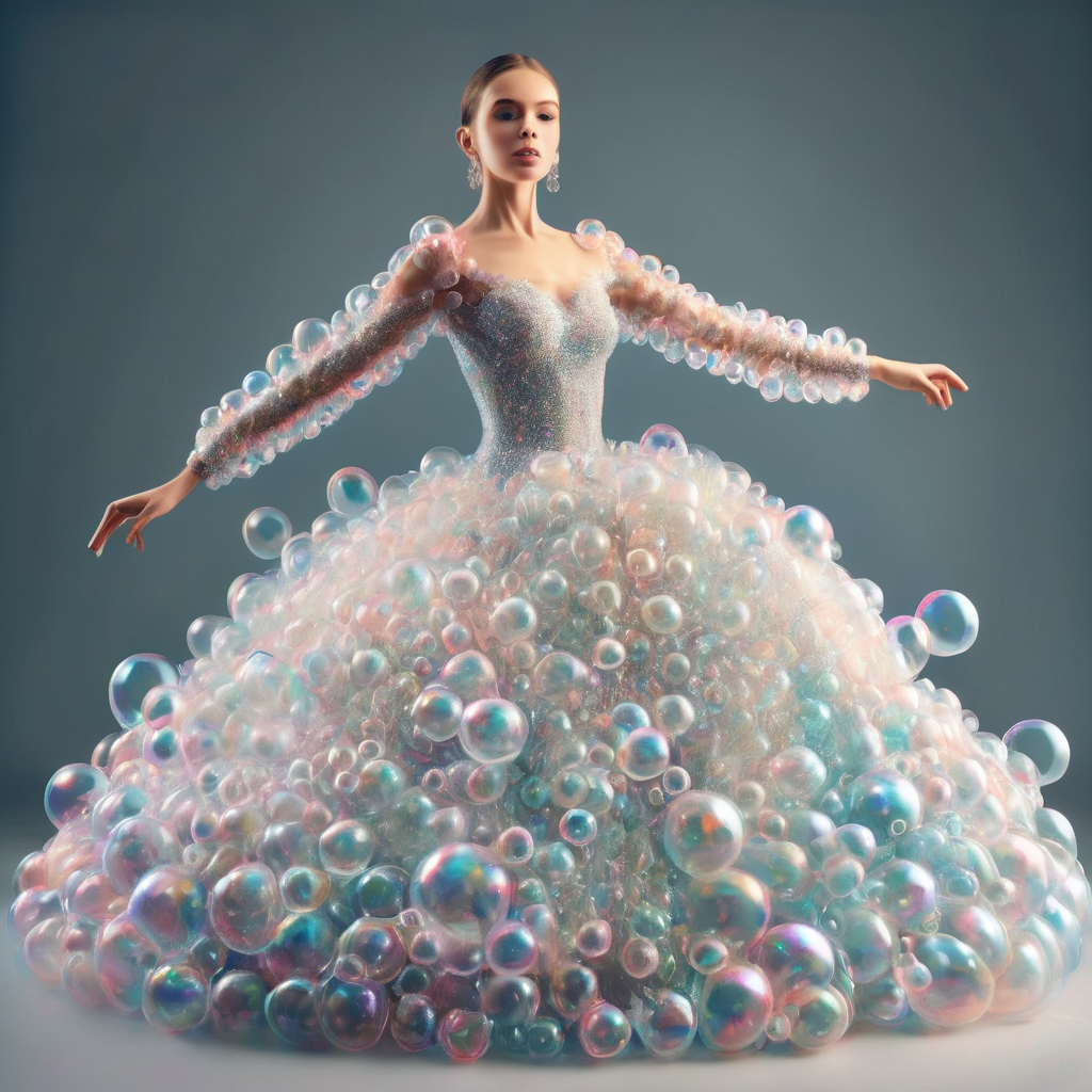 a woman wearing a ballroom dress made completely of transparent bubbles, wow_bbls