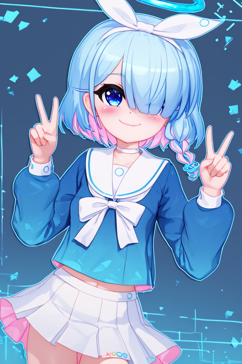 score_9, score_8_up, score_8, medium breasts, (curvy), cute, eyelashes,       BREAK, , ,,, zzArona, blue eyes, blue hair, hair over one eye, bangs, halo, mechanical halo, long sleeves, ribbon, school uniform, serafuku, skirt, white skirt, <lora:Arona_BlueArchive_PDXL:1.0>,   ,,,, BREAK, smile, closed mouth, looking at viewer, cowboy shot,  ,,, embedding:zPDXL, Expressiveh, ,,, <lora:MantisStyle_PDXL_v2:0.8>, <lora:SDXLFaeTastic2400:0.5>, <lora:Expressive_H-000001:0.4>,