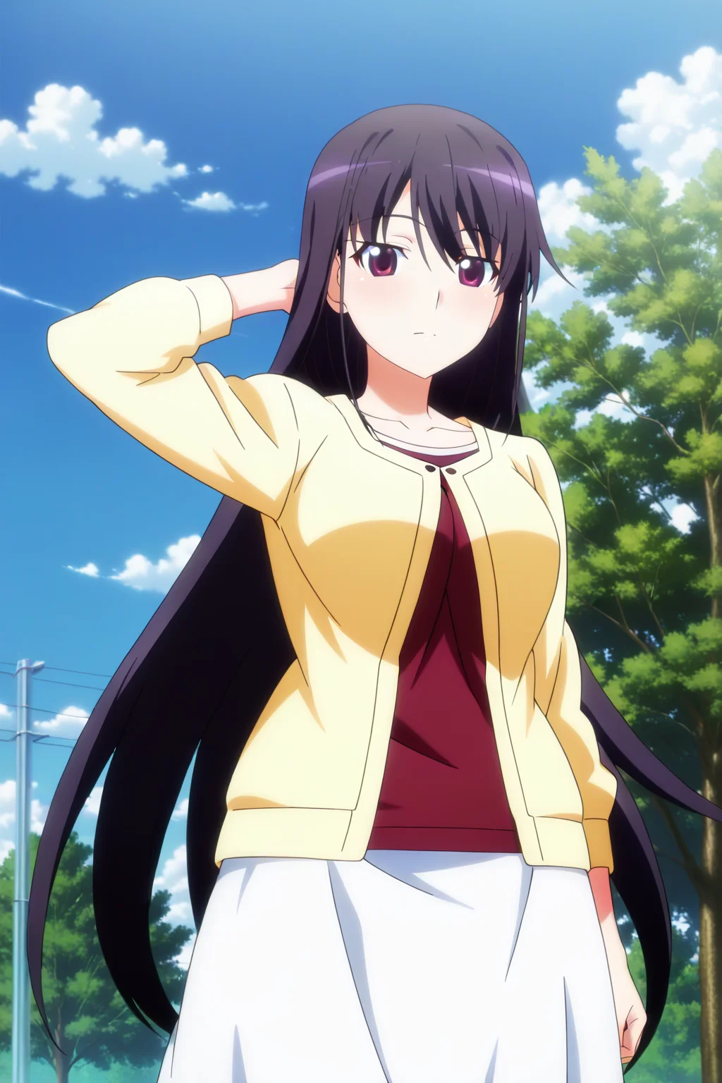 anime screenshot, anime coloring, sakaki yumiko, 1girl, solo, black hair, long hair, purple eyes, large breasts, yellow cardigan, red shirt, t-shirt, collarbone, long sleeves, white skirt, long skirt, looking at viewer, closed mouth, arm behind head, arm up, cowboy shot, outdoors, day, blue sky, masterpiece, best quality, high quality, highres, absurdres, <lora:sakaki_yumiko_ILXL:0.9>