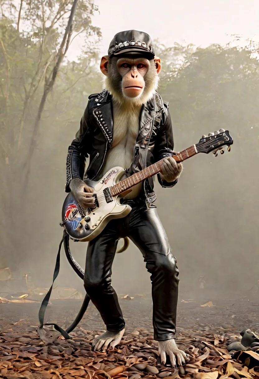 "Vervet monkey", "ultra realistic with high quality and ultra detail with excellent focus of Vervet monkey, presented as rocker, rocker leather jacket and rocker leather hat on head, playing electric guitar, jungle, scene, (smoke effects)