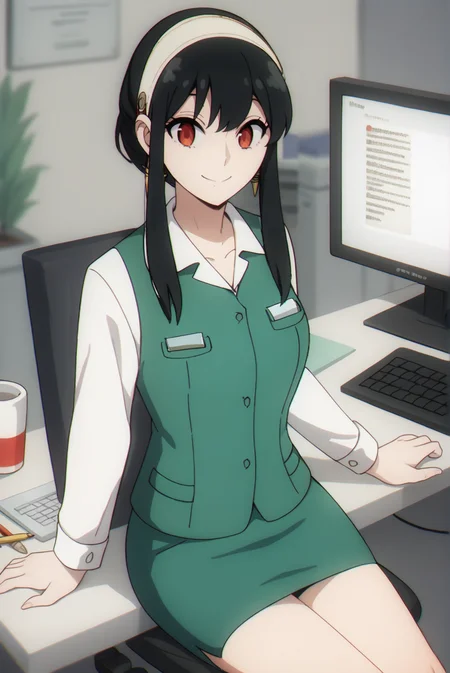 score_9, score_8_up, score_7_up, score_6_up, score_5_up, score_4_up, BREAK source_anime, 1girl, solo,
<lora:SpyxFamilyYorXL-v1-07:0.8>, ChopioYor, black hair, red eyes, gold earrings, looking at viewer,
short hair with long locks, sidelocks, white hairband, hair ribbon,
medium breasts, (thick thighs:0.6), 
outfit_1, office lady, collared shirt, white shirt, green vest, breast pocket, green skirt, pencil skirt,
office, monitor, keyboard \(computer\), desk, sitting, smile,
