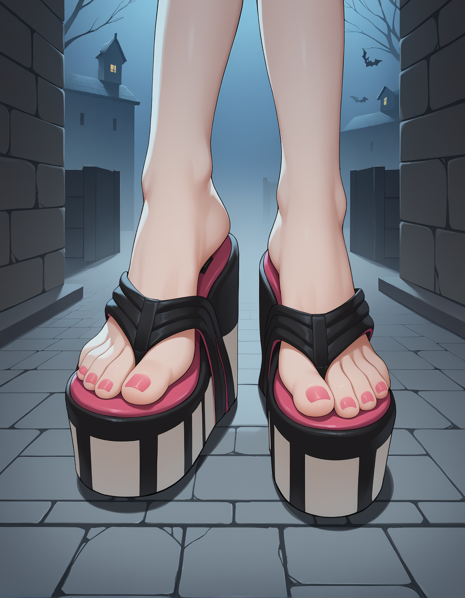 score_9, score_8_up, score_7_up, score_6_up, source_anime,
halloween scene, (from above:0.6), (from side:0.5),
foot focus,
1girl,
standing, feet apart,
dungeon, night dark, fog,
ï»¿lag00na platform flip flops, (platform footwear:1.3), pink toenail polish,
embedding:zPDXLrl ,
embedding:zPDXL2 ,