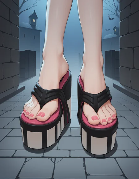 score_9, score_8_up, score_7_up, score_6_up, source_anime,
halloween scene, (from above:0.6), (from side:0.5),
foot focus,
1girl,
standing, feet apart,
dungeon, night dark, fog,
ï»¿lag00na platform flip flops, (platform footwear:1.3), pink toenail polish,
embedding:zPDXLrl ,
embedding:zPDXL2 ,